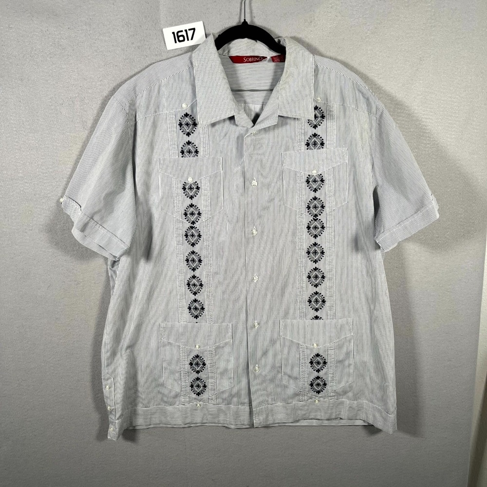 Sobrino Guayabera Shirt Mens XL White Black Pinstripe Embroidered Button Up